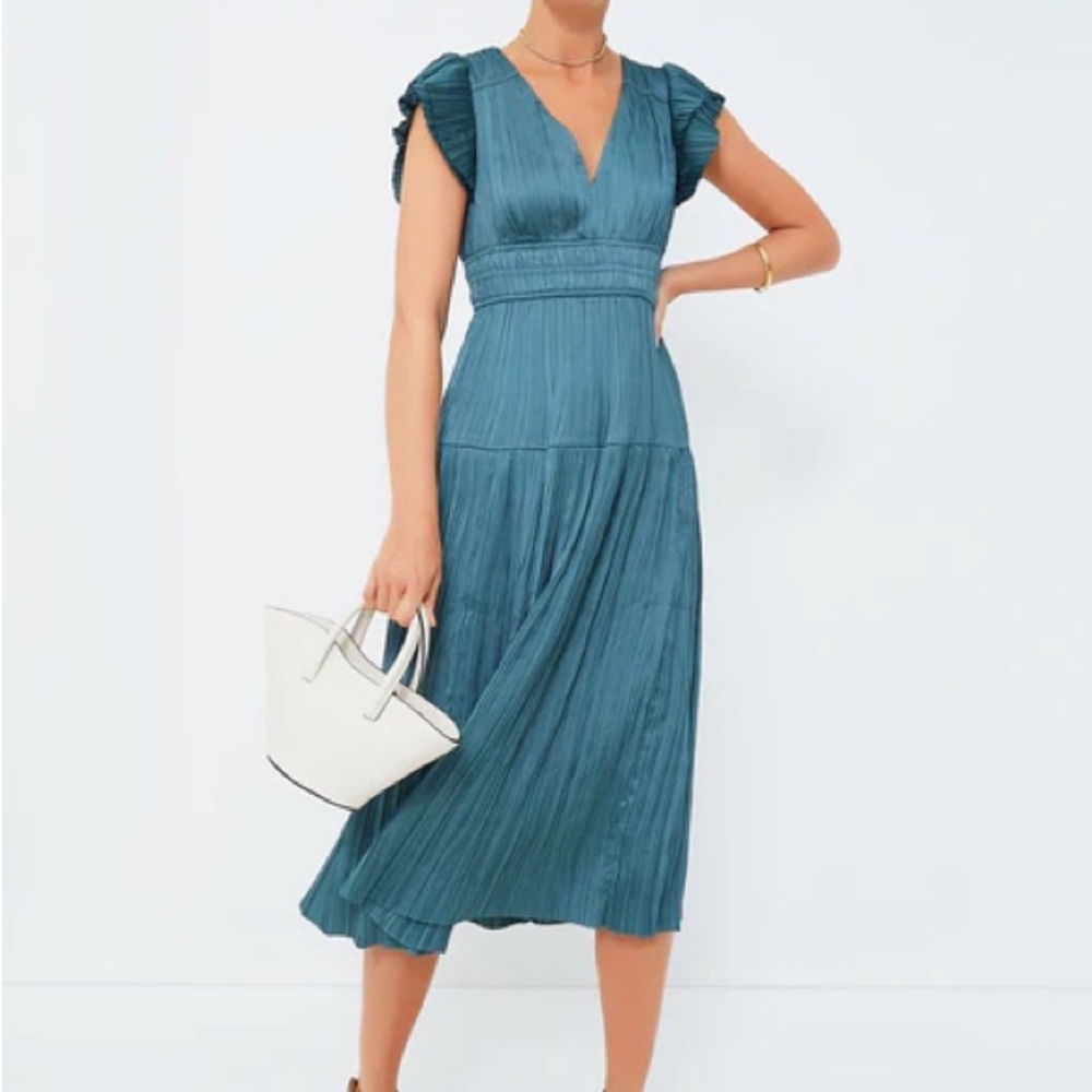 Jade Pleated V-Neck Midi Dress